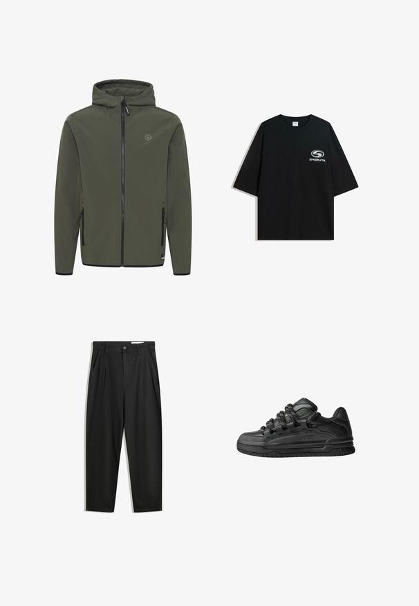 Bunda s kapuco v olivno zeleni barvi, izdelana iz gladkega materiala. Ima sprednji zip, dva stranska žepa in majhen logotip na prsih.; Črna prevelika bombažna majica z okroglo ovratnico in kratkimi rokavi, z belim logotipom "Shibuya" natisnjenim spredaj.; Črne bombažne hlače s sproščenim krojem, ki vključujejo klasičen pas, sprednje gube in stranske žepke. Gladka tekstura brez vzorcev.; Črne superge z gladkim usnjenim zgornjim delom, teksturiranimi detajli in okroglimi črnimi ter belimi vezalkami. Debel gumijast podplat z vzorčastim profilom.