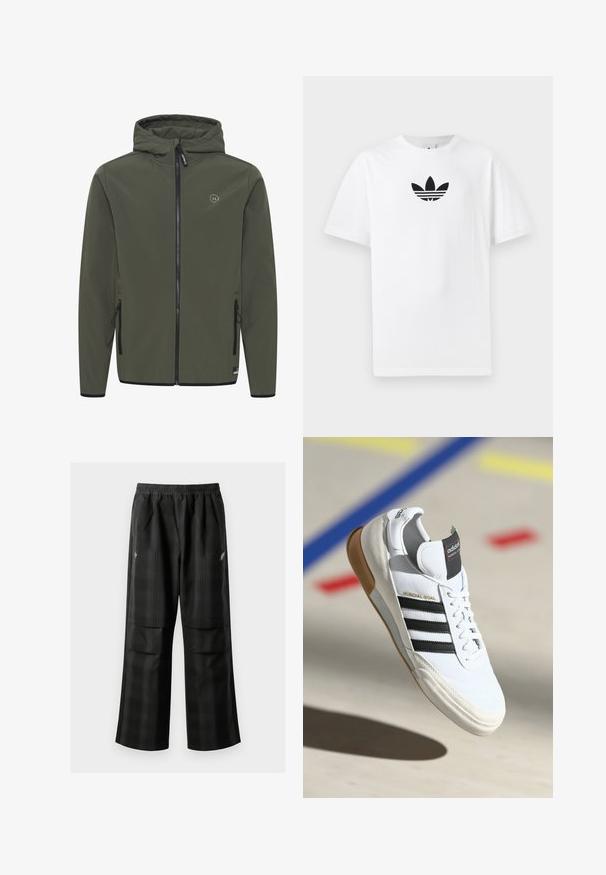 Huppari oliivivihreana, valmistettu sileästä kankaasta. Siinä on etuvetoketju, kaksi sivutaskua ja pieni logo rinnassa.; Valkoinen puuvillapaita, jossa on musta Adidas-logo keskellä. Lyhyet hihat ja pyöreä kaula-aukko. Sileä rakenne.; Mustat ruudulliset housut, joissa on joustava vyötärö, kaksi etutaskua ja rento istuvuus suoralla lahkeella. Valmistettu kevyestä materiaalista.; Valkoiset Adidas Mundial Goal -kengät mustilla raidoilla ja kuminpohjalla, esillä ilmassa urheiluhallin lattian ylle, jossa on värillisiä viivoja.