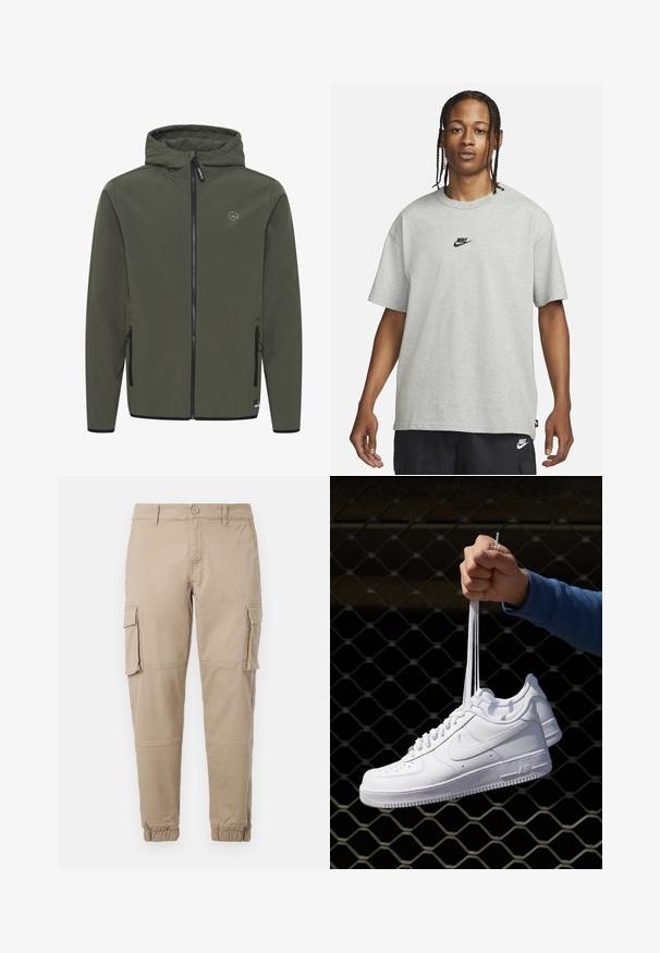 Veste à capuche en vert olive, faite d'un tissu lisse. Elle possède une fermeture éclair à l'avant, deux poches latérales et un petit logo sur la poitrine.; Jeune personne avec des cheveux tressés portant un t-shirt Nike gris clair et un short Nike noir sur un fond blanc uni.; Pantalons cargo beiges en coton léger. Comprend des poignets élastiques, plusieurs poches latérales et une fermeture à bouton.; Baskets en cuir blanc avec perforations, à bout rond, semelle plate et lacets épais, arborant un logo swoosh visible et "AIR" sur le talon.
