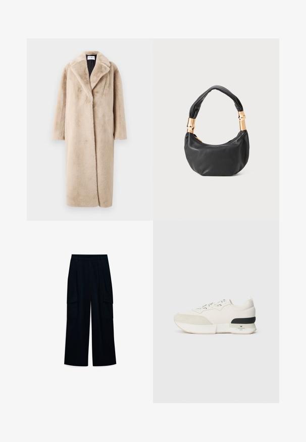 Beež faux fur mantel, millel on lõdva siluett, laiad kraed ja pikad varrukad. Pind on pehme ja luksuslik ning kaasaegse, minimalistliku disainiga.; Valge ribaga lühikeste varrukatega T-särk ümmarguse kaelusega. Kude tundub siledana ja see on keha lähedal istuv. Brändi silt on nähtav krae juures.; Laiad, kõrge vöökohaga püksid tumesinises kangas. Omavad voltimist ja kahte külgset cargo taskut. Sile tekstuur ja puhas disain.; Valged tennisajad, millel on tekstureeritud sametist varbakatteosa, siledast võrgust pealmine osa, dekoratiivsed nöörid ja musta kummist kontsa aksent.; Must mustrepp nahkakott ümmarguse kujuga, pehme tekstuuriga ja sõlmiga käepidemega, millel on kuldse tooni aksessuaarid. Lukuga sulgemine.