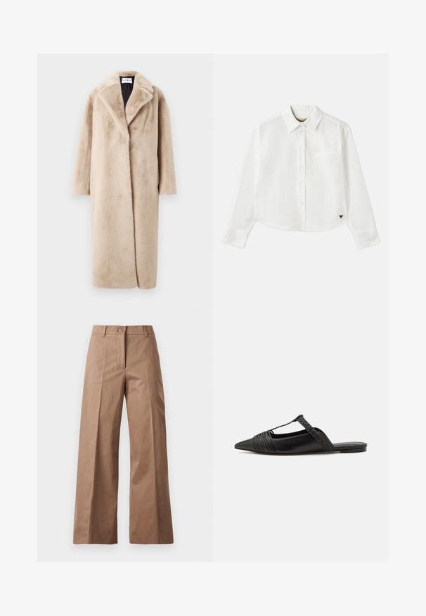 Beige falsk pelsjakke med en afslappet silhuet, brede klapper og lange ærmer. Overfladen har en blød, plysset tekstur og et moderne, minimalistisk design.; Hvid cropped langærmet skjorte lavet af bomuld. Har en knaplukning foran, en brystlomme og et lille sort logo nederst til venstre.; Brune bredde bukser lavet af et glat stof, med en frontknaplukning, to frontlommer og rene, skræddersyede linjer.; Sort læderslyngeback sko med spids tå, der har en vævet detalje og en plisseret overdel. Flad sål med minimal hardware.