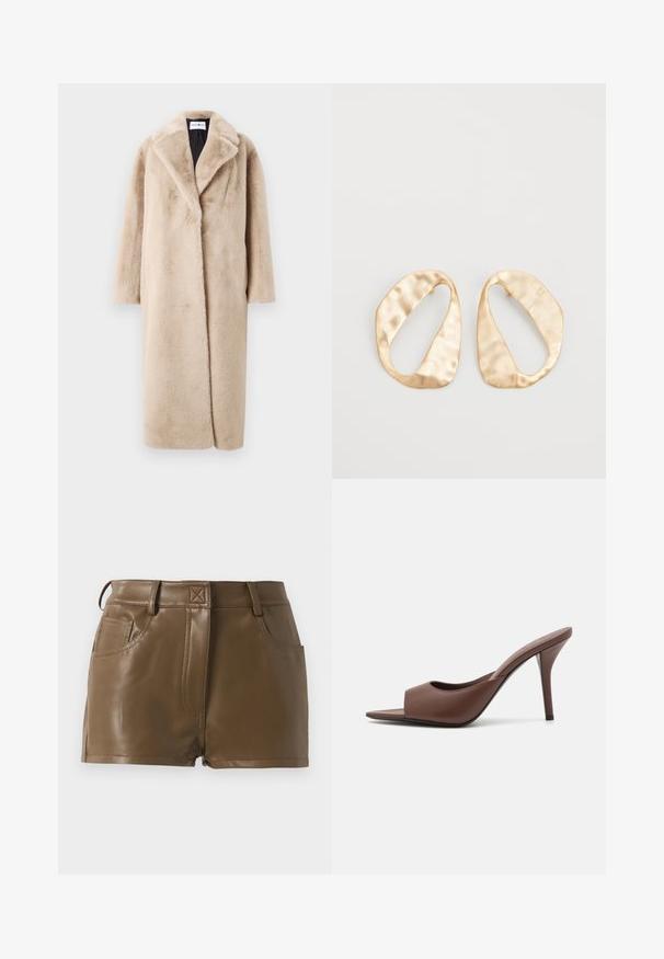 Beige neplederen bontjas met een ontspannen silhouet, brede revers en lange mouwen. Het oppervlak heeft een zachte, pluche textuur en een modern, minimalistisch ontwerp.; Wit T-shirt met lange mouwen, gemaakt van ribgebreide katoen, met een ronde halslijn en een rechte zoom. Eenvoudig ontwerp zonder patronen of accenten.; Bruine faux leren shorts met een fitted ontwerp, tailleband met riemlussen, zijzakken en zichtbare stikdetails.; Bruine leren open-teen hoge hak muiltjes met een slank ontwerp, voorzien van een brede voorkruistrap en een slanke stiletto hiel.; Een paar onregelmatig ovale, gouden metalen oorbellen met een gestructureerd, lichtgehamerd oppervlak op een witte achtergrond.