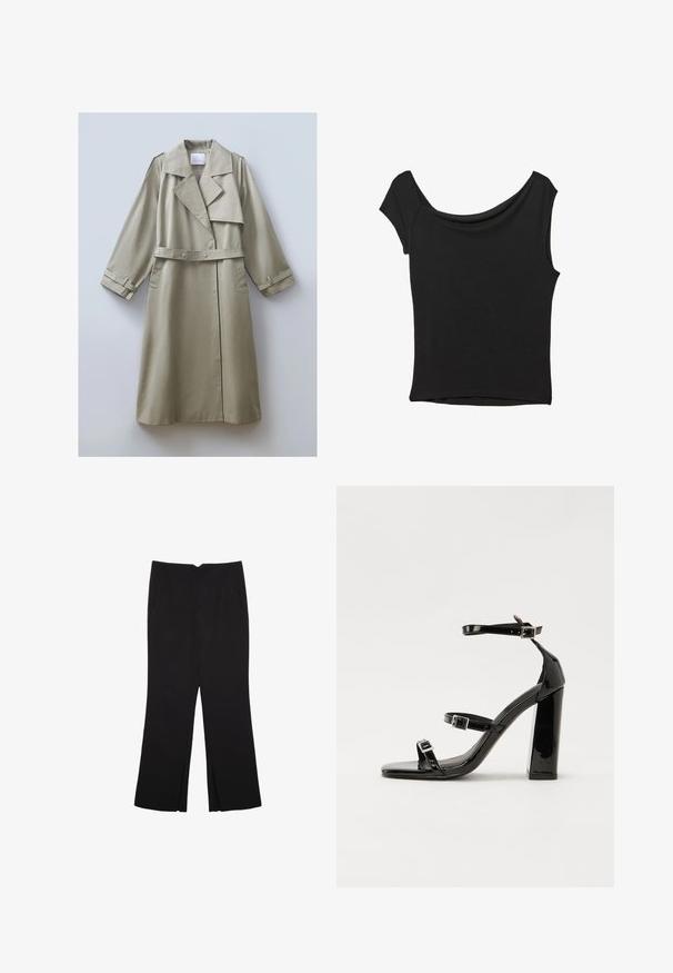 Beige trenchcoat tillverkad av ett slätt tyg med bred krage, bälte i midjan och ärmar av medellängd som har knappdetaljer och manschettremmar.; Svart kortärmad topp i slät tyg; har en draperad halsringning och asymmetrisk nederkant, med en figursydd kropp.; Svarta byxor med rak passform, utrustade med framfickor och sidoklyvningar vid fållen. Tillverkade av mjukt, slätt tyg. Lämpliga för olika tillfällen.; Svarta lackerade klacksandaler med fyrkantig tå, ankelremmar och silverfärgade spännen. Har en kraftig blockklack för stabilitet.