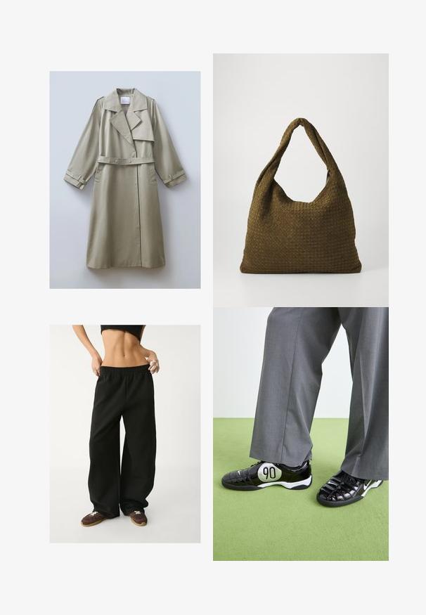 Beige trenchcoat tillverkad av ett slätt tyg med bred krage, bälte i midjan och ärmar av medellängd som har knappdetaljer och manschettremmar.; Långärmad polo skjorta i marinblå och vita ränder, i bomullstyg, med krage, treknäppningsplacket och en liten broderad logotyp på bröstet.; Svarta, vida sweatpants med elastisk midja. Gjorda av mjukt tyg och har en avslappnad passform. Matchade med bruna sneakers.; Svarta patenterade sneakers med en silver "90"-detalj, med en texturerad yta och snörningsdesign, tillsammans med grå vida byxor.; Vävd tygväska i olivgrön med en rymlig, rundad form och ett enda, förlängt handtag för bärning. Strukturerad yta.