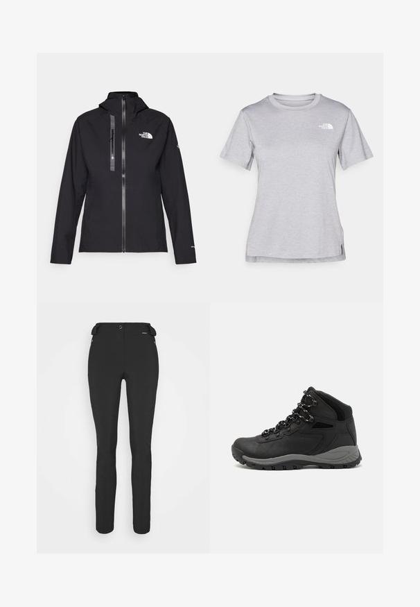 Juodas atsparus vandeniui džemperis su gobtuvu, užtrauktuku ir logotipo detale ant krūtinės. Pasižymi glotnia, lygi tekstūra ir minimalistiniu dizainu.; Pilkas trumpomis rankovėmis marškinėliai, pagaminti iš minkštos, drėgmę sugeriančios medžiagos. Turi apvalią iškirptę ir mažą baltą logotipą viršutiniame kairiajame kampe.; Juodos, prigludusios kelnės, pagamintos iš lankstaus medžiagos. Ypatybės: šoninis kišenės užtrauktuku, suformuotos kelių sritys ir lygi tekstūra.; Juodas žygio botas su vidutinio aukščio dizainu, pasižymintis tekstūruota viršutine dalimi, pilkų akcentų ir patvaria guma padanga su sukibimo gumbais.