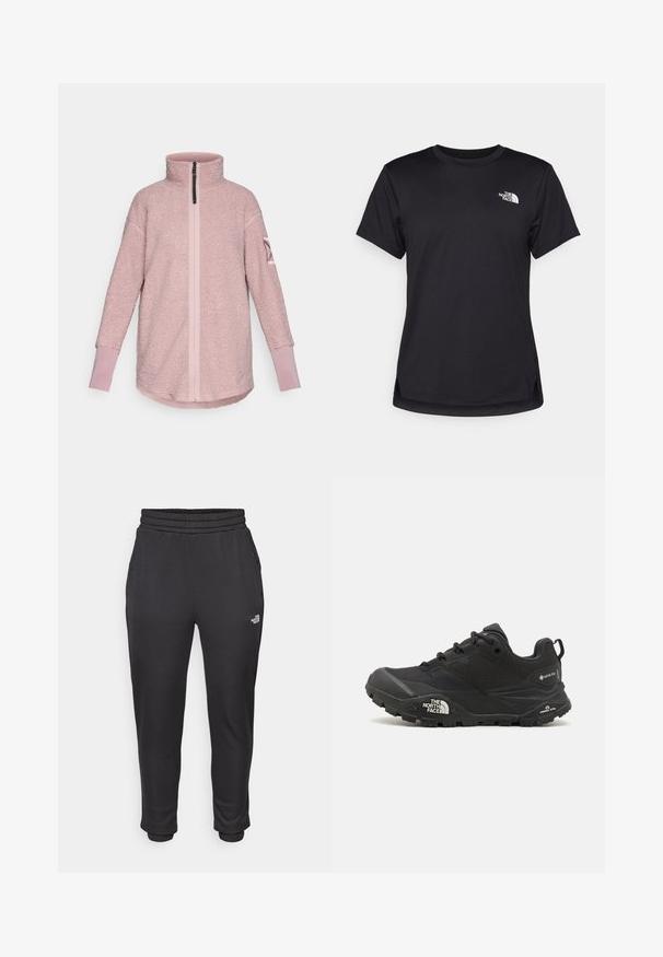 Pulover iz flisa v svetlo roza barvi, z visokim ovratnikom, sprednjim zadrgo in kontrastnimi manšetami. Mehka tekstura z ohlapnim krojem.; The North Face FLEX SHORT SLEEVES TEE - Športne majice - black; Črne trenirke z elastičnim pasom in manšetami, narejene iz mehkega materiala, z stranskimi žepi in logotipom na levi stegn.; Črne pohodne čevlje z teksturirano zgornjim delom, vezalnim zapiranjem in masivnim gumijastim podplatom, ki ima opazen logotip na strani in vzorce profila.