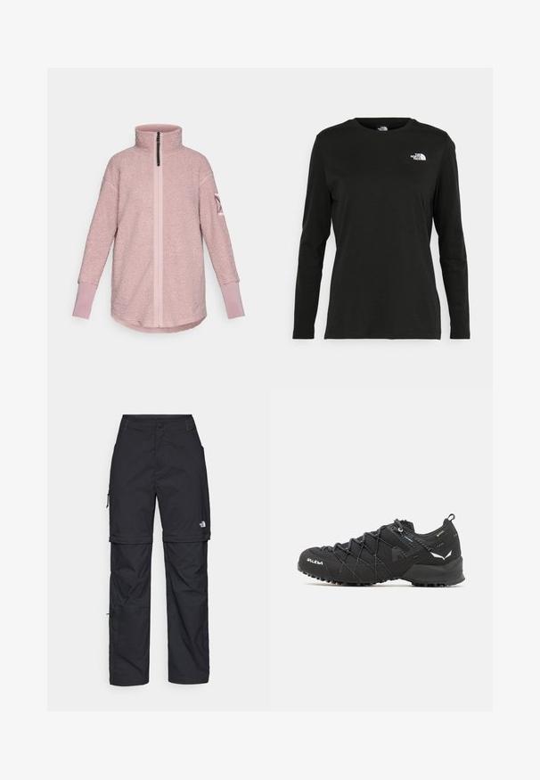 Iiškāpju vveļa gaišā rozā krāsā, ar augstu apkakli, priekšējo rāvējslēdzēju un kontrastējošām aprocēm. Mīksta tekstūra un brīvi pieguļošs griezums.; Melnas garām piedurknēm T-krekls, izgatavots no kokvilnas ar apaļu kaklu. Tam ir mazs balts logo kreisajā krūtīs. Vienkāršs dizains un piegulums.; Melni nailona bikses ar noņemamām kājām, regulējamiem uzmavām, vairākām kabatām un logotipu uz labās kājas. Gluda, viegla tekstūra.; Melnas pārgājienu kurpes ar teksturētu auduma virsu, šņorēšanas sistēmu un izturīgu gumijas zoli. Akcentētas ar atstarojošām detaļām un logo.