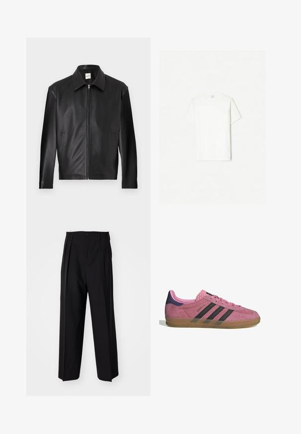 Černá kožená bunda s hladkou texturou, patentním límcem, předním zipem a dvěma bočními kapsami. Minimalistický design s moderní siluetou.; Bílá bavlněná tričko, klasický výstřih, krátké rukávy, volný střih, hladká textura, žádné viditelné vzory ani akcenty.; Černé skládací kalhoty s rovnými, širokými nohavicemi. Vyrobené z hladké tkaniny, se zapínáním na knoflík a poutky na opasek.; Růžové semišové tenisky s černými pruhy, gumovou podrážkou a strukturovaným fialovým podpatkem. Disponují šněrovacím designem a embosovaným logem na boku.