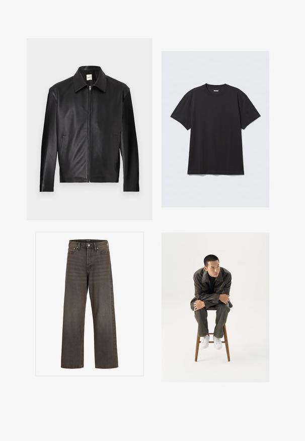 Zwarte leren jas met een gladde textuur, drukknoopkraag, frontale rits en twee zijzakken. Minimalistisch ontwerp met een moderne uitstraling.; Zwarte korte mouwen T-shirt van katoen. Kenmerkt zich door een ronde halslijn en een ontspannen pasvorm. Eenvoudig ontwerp zonder zichtbare patronen of accenten.; Wijde jeans in donkergrijze denim met een hoge taille, een klassieke vijf-pocketontwerp en contrasterende stiksels langs de naden.; Bruine leren jas met een brede kraag, gecombineerd met donkergroene jeans en witte sneakers. Het model zit op een houten kruk.