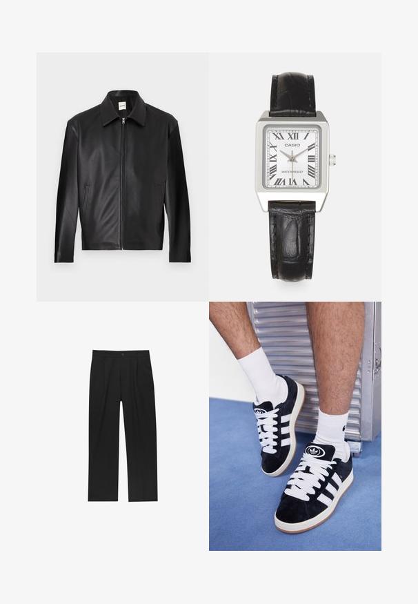 Sort læderjakke med en glat tekstur, trykkrave, frontlynlås og to sidelommer. Minimalistisk design med en moderne silhuet.; Kortærmet polo skjorte i cremefarve med ribbet tekstur og flad krave. Har en lige kant og blødt materiale for komfort.; Sorte bukser med lige ben, lavet af et glat stof. Har frontfolder og en enkelt knaplukning i taljen.; Sorte ruskinds sneakers med hvide snørebånd og tre hvide striber. Har et rundt sort logo på tungen og en gummigummisål.; Sølv firkantet ur med hvid skive, sorte romerske cifre og teksten "VANDTÆT". Sort læderrem med struktureret overflade.