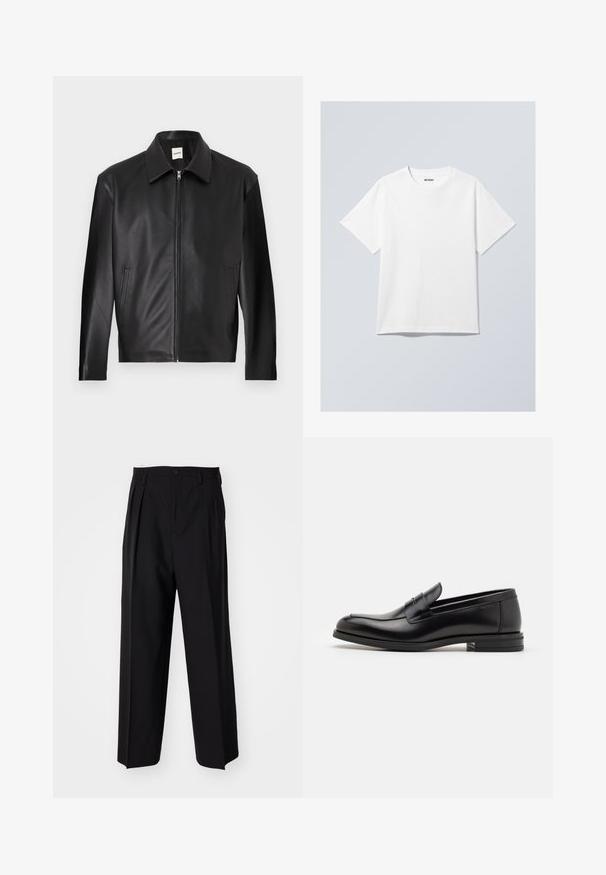 Sort læderjakke med en glat tekstur, trykkrave, frontlynlås og to sidelommer. Minimalistisk design med en moderne silhuet.; Hvid bomuld t-shirt med rund halsudskæring, korte ærmer og en afslappet pasform. Har et mærke, der står "WEEKDAY", på halsudskæringen.; Sorte plisserede bukser med et lige, bred ben-design. Fremstillet af glat stof, med en knaplukning og bæltesløjfer.; Sorte læderloafers med en glat overflade, rund tå og en dekorativ strop over vampen. Lav hæl med stabeldesign, minimalistisk stil.