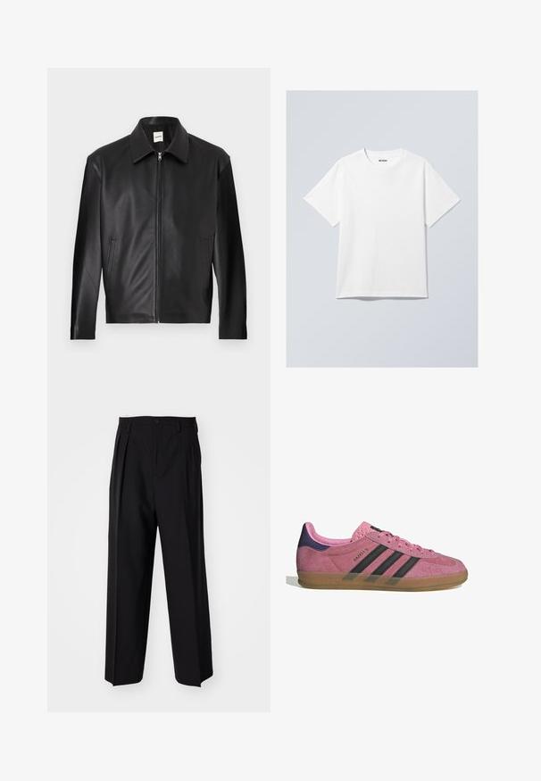Crna kožna jakna s glatkom teksturom, s kopčom na dugmad, prednjim zatvaračem i dva bočna džepa. Minimalistički dizajn s modernim siluetom.; Bijela pamučna majica s okruglim izrezom, kratkim rukavima i opuštenim krojem. Sadrži oznaku branda "WEEKDAY" na izrezu.; Crne plisirane hlače s ravnim širokim nogavicama. Izrađene od glatkog materijala, s dugmadi za zatvaranje i petljama za remen.; Roze nubuk tenisice s crnim prugama, gumeni potplat i teksturirani ljubičasti petni dio. Imaju vezivanje i utisnuti brend na strani.