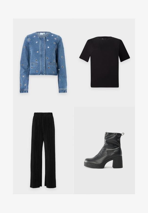 Džins jaka z okroglimi okvori, svetlo modre barve, krajšega kroja, z dvema sprednjima žepoma in okroglim ovratnikom.; Črna majica s kratkimi rokavi in okroglim izrezom, izdelana iz mehkega bombažnega materiala. Preprost dizajn, brez vidnih logotipov ali vzorcev.; Črne plisirane hlače z elastičnim pasom. Imajo široke noge in gladko, teksturirano tkanino z navpičnimi črtami.; Črne gležnjarje iz gladke kože z božnim zadrgo, masivnim teksturiranim peto in zaobljeno obliko prstov.