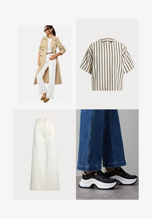 Bež maksi kaput s crnim gumbima, širokim reverima i zakovanim rukavima, uparen s bijelim širokim hlačama i smeškim platformama.; Kratki rukavi, prugasti top u krem i tamnoplavoj boji, sa okruglim izrezom i kutijastim dizajnom od teksturirane tkanine.; Široke traperice u boji krem-paleža. Visoki struk s kopčanjem na dugme, dva prednja džepa i kontrastni šavovi.; Crne i zlatne tenisice s zakrivljenim bijelim potplatom. Teksturirani materijal s logotipnim detaljima. Uparen s širokim plavim trapericama.