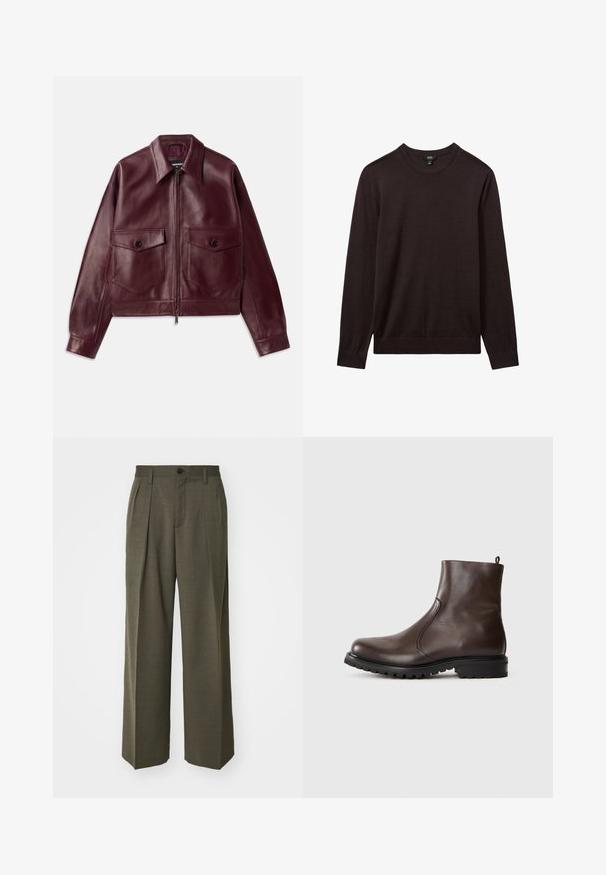 Bordeauxfarbene Lederjacke mit etwas verkürztem Design, großen Brusttaschen, einem Kragen und einem Reißverschluss auf der Vorderseite. Glatte Textur.; Reiss Strickpullover - dark bordeaux; Filippa K WIDE TROUSERS - Stoffhose - driftwood; Braune Leder-Stiefeletten mit glatter Textur, elastischen seitlichen Einsätzen, einer Schlaufe hinten und einer robusten Gummisohle.