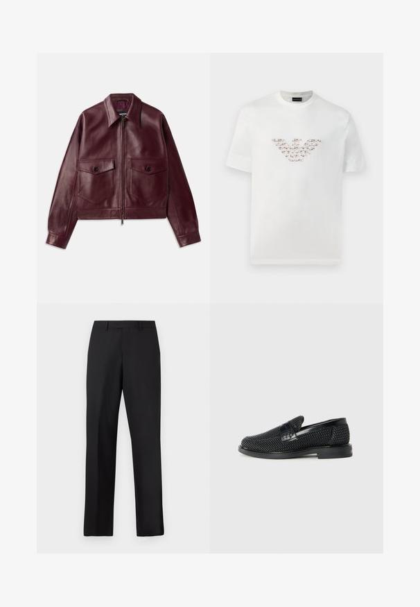 Bordeauxfarbene Lederjacke mit etwas verkürztem Design, großen Brusttaschen, einem Kragen und einem Reißverschluss auf der Vorderseite. Glatte Textur.; Weißes Baumwoll-T-Shirt mit kurzen Ärmeln und rundem Halsausschnitt. Verfügt über ein zentrales Logo-Design in Rosa- und Brauntönen.; Schwarze, gerade geschnittene Hose aus glattem Stoff. Verfügt über einen normalen Bund und keine sichtbaren Muster oder Akzente.; Schwarzer geflochtener Slipper mit einem glatten Lederakzent im Obermaterial, einem runden Zehendesign und einer flachen Gummisohle.
