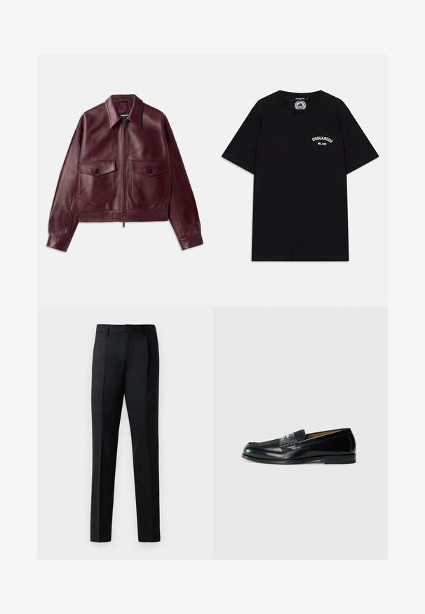 Burgundy leather jacket with a slightly cropped design, large chest pockets, a collar, and a front zipper closure. Smooth texture.; Black cotton T-shirt with short sleeves, featuring white "DSQUARED2 MILANO" logo on the chest. Crew neck design, smooth texture.; Black formal trousers made of a smooth fabric, featuring a straight leg design, front pleats, and standard waistband without embellishments.; Black leather loafer with textured upper, braided accent, and smooth finish. Low profile heel and minimalistic design.