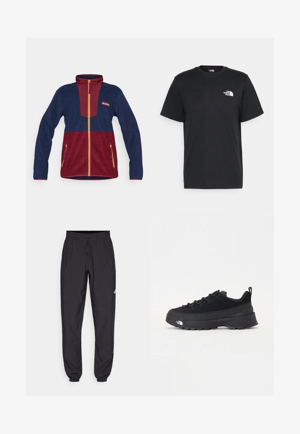 Casaco de fleece em azul marinho e bordeaux, com gola alta, fecho de correr e detalhes em amarelo. Inclui bolsos laterais com fecho.; T-shirt de algodão preto com mangas curtas, decote redondo e um pequeno logótipo branco no lado esquerdo do peito. Design simples, textura suave e corte relaxado.; Calças atléticas pretas feitas de tecido leve, com um cós ajustável por cordão, bolsos laterais e punhos afunilados nos tornozelos.; Sapatilha de exterior preta com parte superior em camurça, sola de borracha texturizada e sistema de atacadores robusto. Apresenta um calcanhar reforçado e o logótipo da marca na lateral.