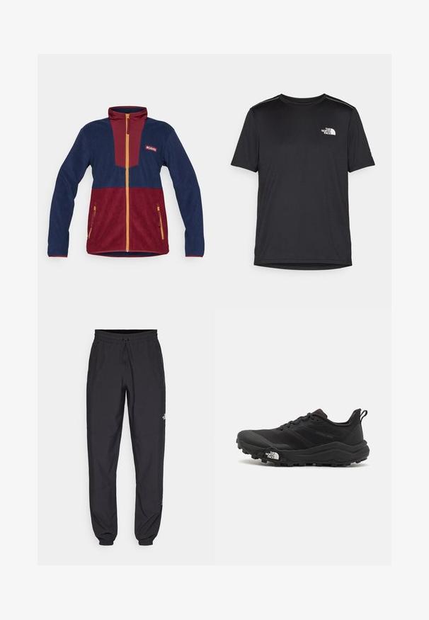 Jachetă din fleece în culorile albastru marin și burgund, cu guler înalt, fermoar complet și accente galbene. Include buzunare laterale cu fermoar.; Tricou negru cu mânecă scurtă, realizat dintr-un material ușor. Prezintă un mic logo alb pe pieptul stâng și accente subtile pe umeri.; Pantaloni atletici negri, confecționați dintr-un material ușor, cu un tiv elastic la talie, buzunare laterale și tivuri ajustate la gleznă.; Pantofii de alergare pe teren accidentat, de culoare neagră, cu un superior texturat, talpă din cauciuc și vârf întărit. Prezintă un guler căptușit și o bandă de prindere pentru îmbrăcare ușoară.