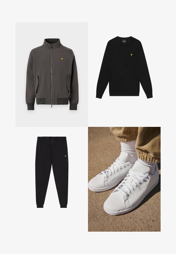 Mørkegrå zip-up jakke med ståkrave, to sidelommer, ribbede mansjetter og kant, med et lille gult logo på venstre bryst.; Sort bomulds sweatshirts med lange ærmer og rund hals. Har et lille gult ørnelogo på brystet. Blød tekstur.; Sorte joggerbukser med elastisk taljebånd og snøre, afsmalnende ben med manchetter og lille gul broderet logo på højre lår.; Hvide lædersneakers med en glat overflade, der har et klassisk snørebånddesign, perforeringer for åndbarhed og en tekstureret gummisål.