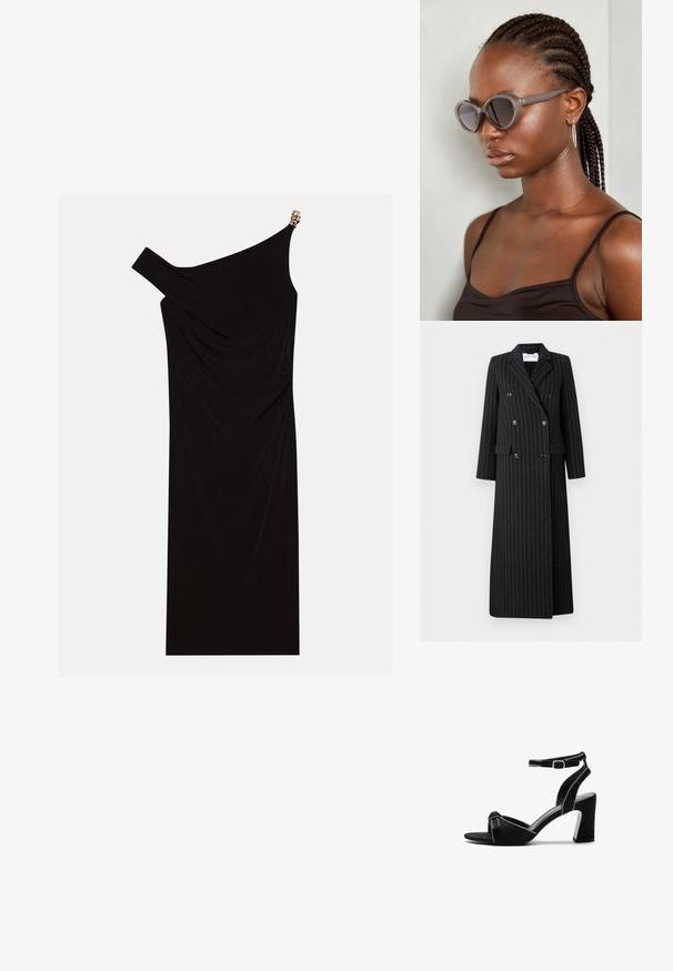 Dlhý kabát s dvojitým zapínaním v čiernej látke s jemným prúžkom. Má klopové revíry, bočné vrecká a button detaily.; Čierne šaty s jedným ramienkom vyrobené z drapériového materiálu, s zlatým akcentom na ramene, hladkou textúrou a dĺžkou po kolená.; Čierne semišové sandále na podpätku s širokým blokovým podpätkom, nastaviteľným členkovým remienkom, otvorenou špičkou a kontrastným prešívaním.; Šedé nadrozmerné slnečné okuliare so zaobleným tvarom a tmavými sklami. Elegantný plastový rám s hladkým povrchom. Model má vrkoč.