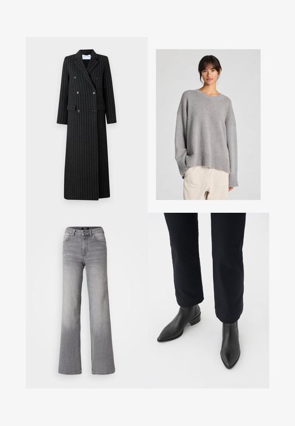 Mustlane topeltkinnisega pikk mantel mustas kangas, millel on peened triibud. Omab sissetõmmatud krae, küljetaskuid ja nupuvajutuse detaile.; Halli kootud sveter, millel on vabalt langev lõige, ümar kaelus, soonikuga mansetid ja ääred. Pehme tekstuur ning õrn kootud muster. Kombineeritud heledate pükste kanssa.; Kõrge vöökoht, sirged hallid teksad, millel on ees nupp ja lukku, ees ja taga taskud ning hägune varjund reitel ja sääremarjadel.; Mustadast nahast pahkluu saapad, terava nina, ploki konts ja tekstuuriga külgpaneelid, kantud tumedate pükste juurde valge taustaga.