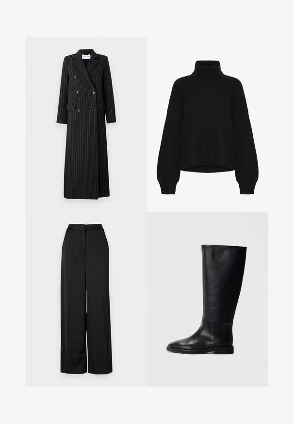 Dlhý kabát s dvojitým zapínaním v čiernej látke s jemným prúžkom. Má klopové revíry, bočné vrecká a button detaily.; Čierny rolák so skráteným strihom, vyrobený z nadýchaného materiálu. Má široké rukávy a rebrovanú textúru na golieri.; Čierne široké nohavice vyrobené z hladkej látky, s vysokým pásom a čistým, skladaným predným dielom s minimalistickým dizajnom.; Čierna kožená čižma po kolená s okrúhlym prstom, hladkou textúrou, minimalistickým dizajnom a plochou podrážkou. Jednoduché švy na nohavici.