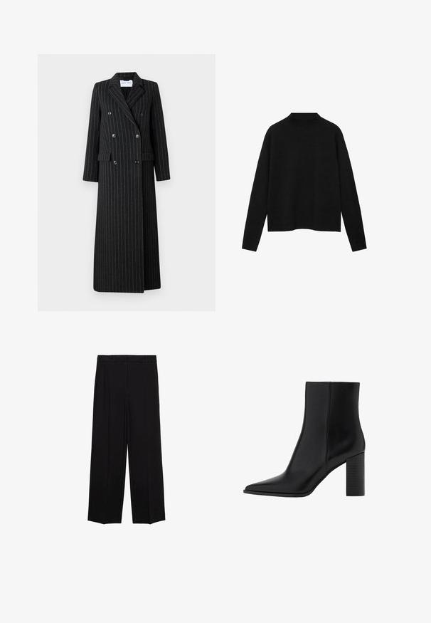 Dobbeltbrystet lang frakke i sort stof med diskrete striber. Har klapkrave, sidelommer og knapdetaljer.; Sort rullekravesweater lavet af blødt stof, med lange ærmer og en afslappet pasform, samt et rent, minimalistisk design.; Sorte brede bukser med en glat stof, der har folder foran og sidelommer, designet med en lige, afslappet pasform.; Sorte læder ankelstøvler med spidse tæer, firkantet hæl, glat tekstur og syningsdetaljer langs sømmene. Hælene måler cirka 9 cm.