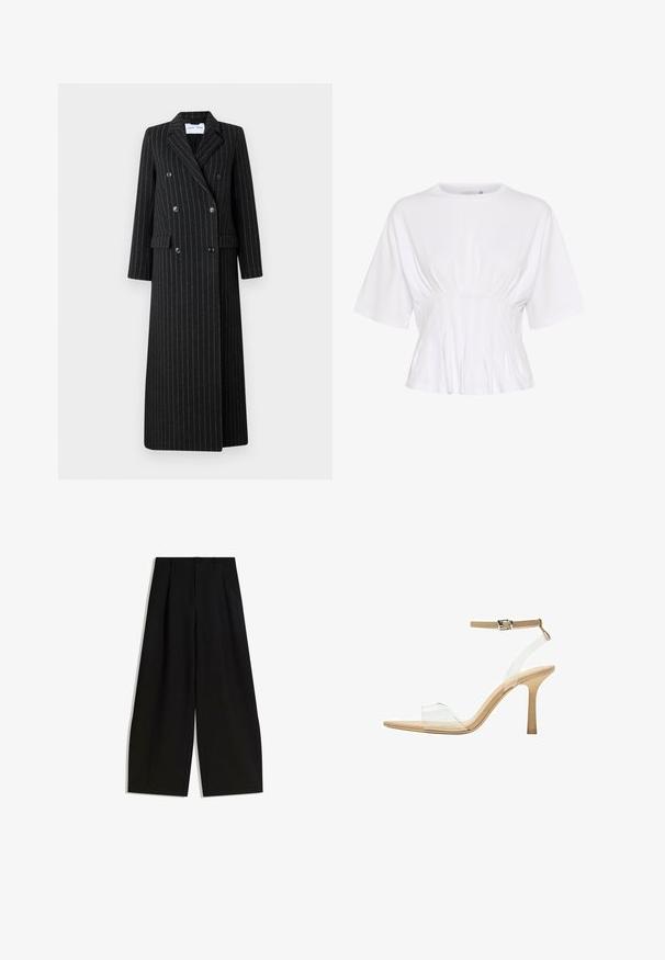 Dvojredni dolg plašč iz črnega blaga s subtilnimi črtami. Ima zaznamovane reverje, stranske žepke in gumbne detajle.; Bela kratka majica s kratkimi rokavi, izdelana iz mehkega materiala, z okroglim izrezom in nabranimi detajli v pasu za telesno prilegajoč videz.; Črne široke hlače iz gladkega materiala, z visokim pasom, gubami spredaj in brez vidnih okraskov ali vzorcev.; Sandal z jasnim petnikom s prozornim zgornjim delom, bež podplatom in sivim trakcem okoli gležnja. Ima koničast nos in tanek visoki petek.