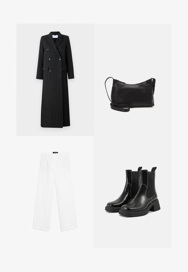 Double-breasted long coat in black fabric with subtle pinstripes. Features notched lapels, side pockets, and button details.; White short-sleeve V-neck t-shirt made of cotton, featuring a minimalist design and smooth texture, with a straight hem and no embellishments.; White linen wide-leg pants with a smooth texture, featuring a mid-rise waist, two front pockets, and a simple design.; Black leather Chelsea boots with a chunky heel, elastic side panels, and contrasting white stitching. Textured finish.; Black leather shoulder bag with a smooth texture, curved shape, adjustable strap, and a zip closure. Minimalist design without embellishments.