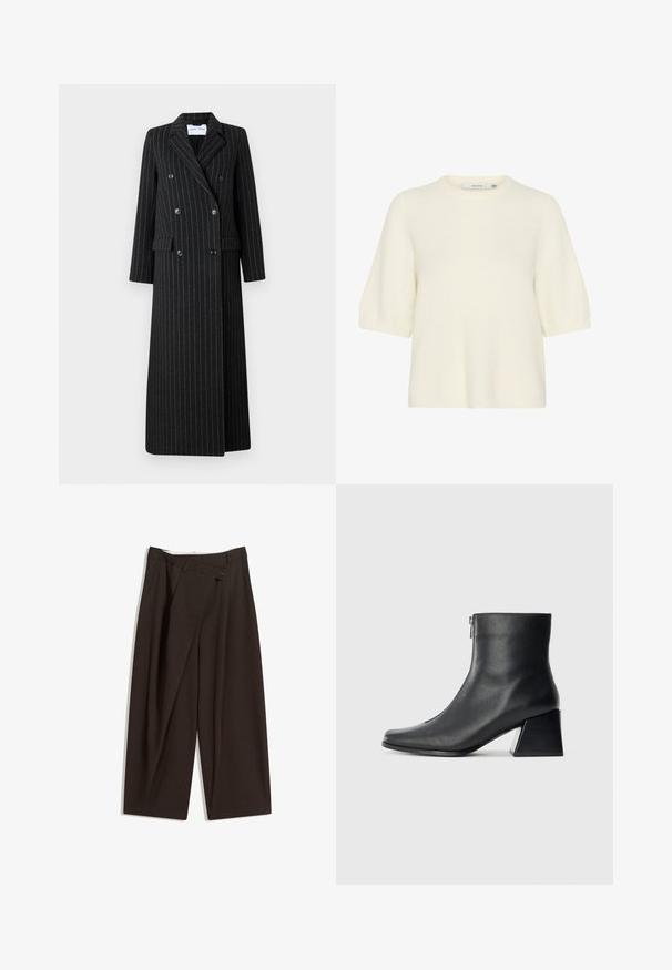 Fekete anyagból készült, finom csíkos, dupla gombolású hosszú kabát. Kiemelkedik a ferde hajtókás gallér, oldalsó zsebek és gombos részletek.; Rövid ujjú, kerek nyakú pulóver puha, bolyhos anyagból, krémszínben. Lazább szabású, bordázott mandzsettákkal és szegéllyel rendelkezik.; Sötétbarna, bő szárú nadrág magas derékkal, egyetlen gombos záródással és redős elülső résszel. Könnyű anyagból készült.; Fekete bőr bokacsizma négyzetes orral, oldalsó cipzárral és tömbsarkal, egyszínű világos háttér előtt.