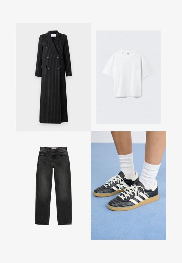 Dubbelbreasted lange jas van zwarte stof met subtiele streepjes. Voorzien van geknipte revers, zijzakken en knopendetails.; Witte t-shirt met korte mouwen van zachte katoen, met een ronde halslijn en een ontspannen pasvorm met rechte zoom, eenvoudig zonder patronen of graphics.; Zwarte denim jeans met een relaxte pasvorm, rechte pijpen, vijf-pocket ontwerp en een licht vervaagde textuur. Knop- en ritssluiting aan de voorkant.; Zwarte leren sneakers met witte strepen, ronde neus, witte veters en een gumrubberen zool. Versterkt met een gevoerd kraag en merkdetails.