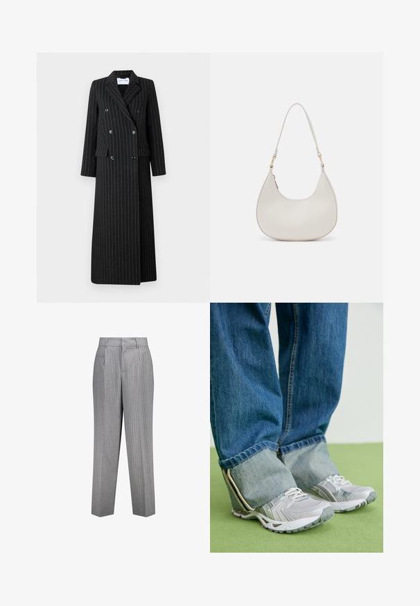 Doppeltknopf langer Mantel aus schwarzem Stoff mit dezenten Nadelstreifen. Verfügt über fein eingeknöpfte Revers, seitliche Taschen und Knopfdetails.; Weißes T-Shirt mit kurzen Ärmeln aus Baumwolle. Hat einen Rundhalsausschnitt und eine lockere Passform. Glatte Textur ohne sichtbare Muster oder Akzente.; Grau gestreifte Hose mit maßgeschneiderter Passform, gerade Beinweite, Seitentaschen und einem strukturierten Stoff.; Graue Turnschuhe aus Mesh-Material mit weißen Akzenten, kombiniert mit blauen Jeans, die an den Knöcheln umgeschlagen sind.; Cremfarbene Leder-Schultertasche mit einer Halbmondform, dünnem Schulterriemen und subtilen Stichdetails. Minimalistisches Design mit goldfarbenen Hardware-Akzenten.