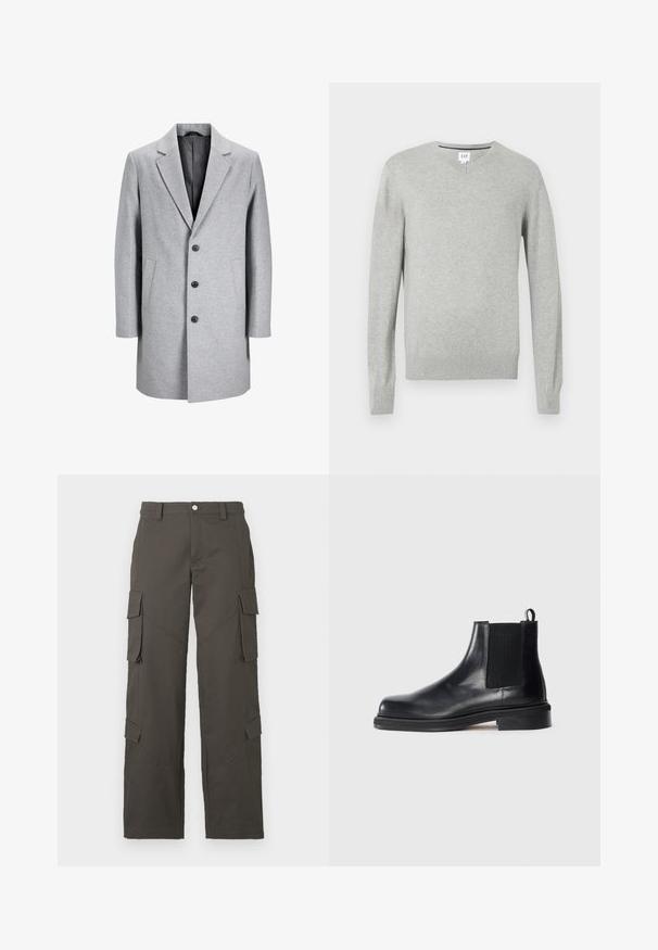 Világosszürke gyapjúkabát, az egyik oldalon bemetszett hajtókával, három fekete gombbal és két oldalsó zsebből áll. Tiszta, szabott sziluettel rendelkezik.; Világosszürke pulóver, V nyakú fazon, hosszú ujjak, bordázott mandzsetták és szegély, puha textúra. Márkajelzés a nyakrésznél található.; Fehér pamut póló, kerek nyakkal, rövid ujjú, laza fazonú. Simább textúrájú, mintázat vagy díszítés nélkül.; Sötétszürke egyenes szárú cargo nadrág gombos záródással és négy hajtókás zsebbel, kettő a combon és kettő a vádlinál.; Fekete bőr Chelsea bokacsizma elasztikus oldalsó panelekkel, kerek orral, húzófüllel a sarkán és alacsony, rétegelt talppal egyszínű háttéren.