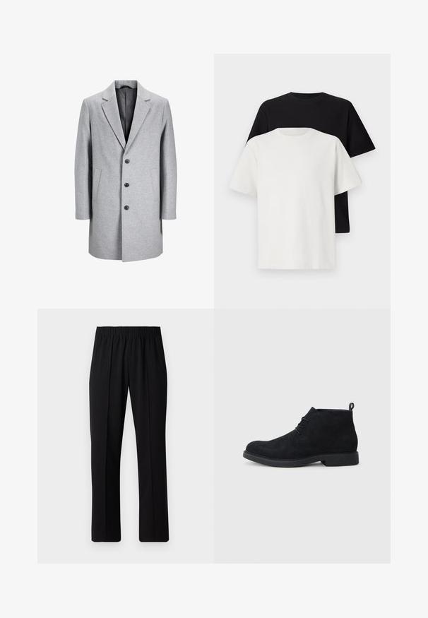 Hellgrauer Wollmantel mit Reverskragen, drei schwarzen Knöpfen und zwei seitlichen Taschen. Besitzt eine klare, maßgeschneiderte Silhouette.; Baumwoll-T-Shirt-Set bestehend aus einem schwarzen Oberteil und einem weißen Oberteil, beide mit kurzen Ärmeln, Rundhalsausschnitt und normaler Passform. Texturiert.; Schwarze, Gummibund-Hosen mit geradem Schnitt, die eine glatte Textur aufweisen und keine sichtbaren Muster oder Beschläge haben.; Schwarze Wildleder-Ankle-Boots mit runder Zehenform, Schnürdesign und einer strukturierten Gummisohle. Verfügt über eine kleine Schlaufe an der Rückseite.