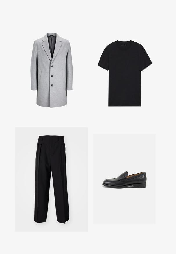 Jasnoszary wełniany płaszcz z klapami w kształcie litery V, trzema czarnymi guzikami i dwiema bocznymi kieszeniami. Charakteryzuje się schludną, dopasowaną sylwetką.; Czarny bawełniany T-shirt z krótkim rękawem i okrągłym dekoltem. Materiał ma gładką teksturę oraz prosty, jednolity wzór.; Czarne plisowane spodnie o prostym, szerokim kroju nogawek. Wykonane z gładkiego materiału, z zapięciem na guzik i pętelkami na pasek.; Czarne skórzane mokasyny o gładkim wykończeniu, zaokrąglonym nosku i dekoracyjnym przeszyciu na cholewce. Niski, warstwowy obcas i delikatny połysk.
