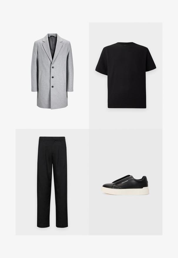 Light gray wool coat with a notched lapel, three black buttons, and two side pockets. Features a clean, tailored silhouette.; Black short-sleeve T-shirt made of textured fabric, featuring a round neckline and a relaxed fit. Simple, no patterns or accents.; Black trousers made of smooth fabric, featuring a straight-leg design, two front pleats, and standard waistband with belt loops.; Black slip-on sneaker with textured leather upper, white rubber sole, and no visible laces. Features brand logo on the side.