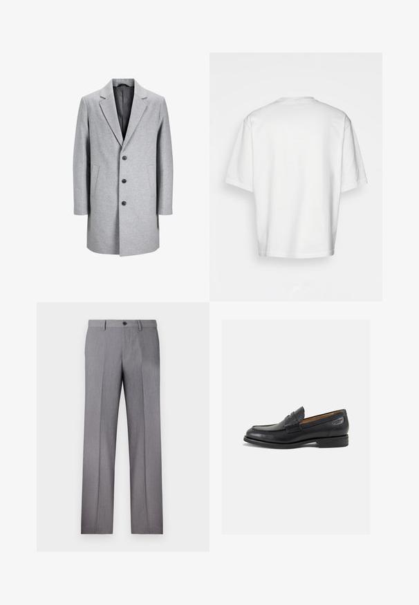 Svijetlo sivi vuneni kaput s narezanim reverima, tri crna dugmeta i dva bočna džepa. Karakterizira ga čist, krojeni silueta.; Bijela majica kratkih rukava, slobodnog kroja, okruglog izreza, od glatke pamučne tkanine, bez ukrasa na leđima, ravnog donjeg ruba, bez uzoraka ili naglasaka.; Sive krojene hlače s ravnim prednjim dijelom, dva bočna džepa i jedan gumb za zatvaranje. Glatka tekstura s suptilnim uzorkom prugica.; Crne kožne loferice s glatkom površinom, zaobljenim vrhom i dekorativnim šavom na gornjem dijelu. Nizak potplat s malim potpeticama i blagi sjaj.