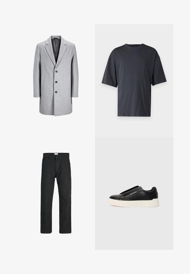 Cappotto di lana grigio chiaro con rever a punta, tre bottoni neri e due tasche laterali. Presenta una silhouette pulita e sartoriale.; T-shirt corto a maniche corte di colore grigio scuro realizzato in cotone leggero, con vestibilità ampia e colletto girocollo classico, caratterizzato da una texture liscia e senza motivi.; Pantaloni neri realizzati in tessuto resistente, caratterizzati da un design a gamba dritta, dettagli cuciti e due tasche frontali per la funzionalità.; Sneaker nera slip-on con parte superiore in pelle texturizzata, suola in gomma bianca e senza lacci visibili. Presenta il logo del marchio sul lato.