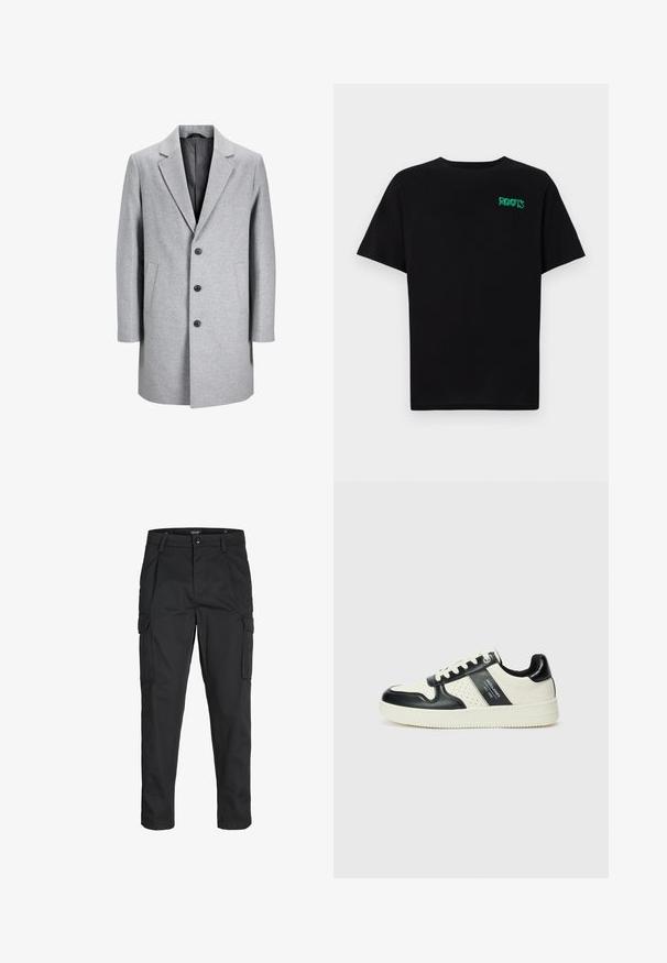 Abrigo de lana gris claro con solapa muesca, tres botones negros y dos bolsillos laterales. Presenta una silueta limpia y ajustada.; Camiseta negra de algodón con mangas cortas. Presenta un logo verde "ROOTS" en el frente, escote redondo y corte estándar.; Pantalones cargo negros hechos de tela resistente, que cuentan con múltiples bolsillos, un cierre de botón y un diseño de corte slim con piernas ajustadas.; Zapatillas de cuero con un esquema de colores negro y crema, que cuentan con acentos perforados, un collar acolchado y una suela texturizada.