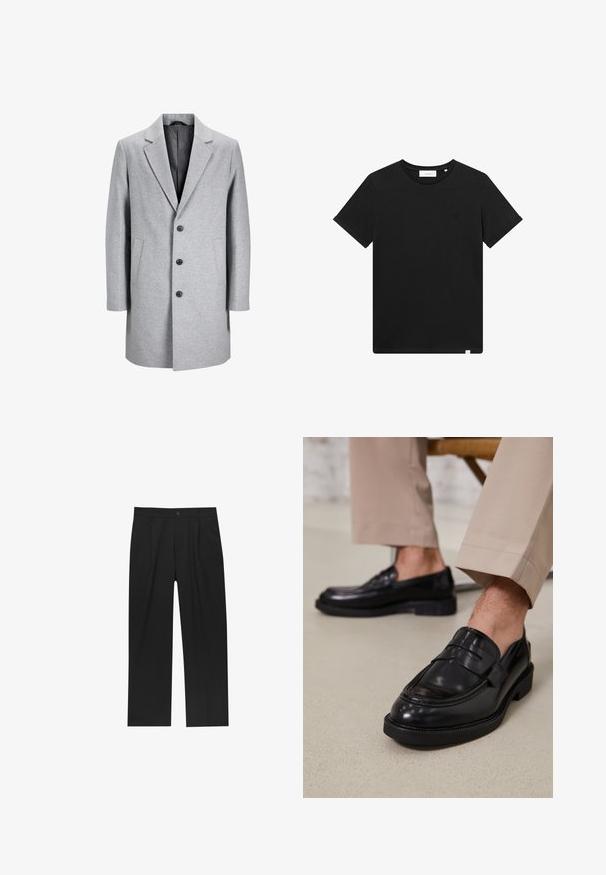Manteau en laine gris clair avec un col cranté, trois boutons noirs et deux poches latérales. Présente une silhouette épurée et ajustée.; T-shirt noir à manches courtes en coton, avec un col rond et un petit logo brodé sur la poitrine. Texture lisse, coupe standard.; Pantalons noirs au design droit, fabriqués à partir d'un tissu lisse. Dotés de plis sur le devant et d'une fermeture à un bouton à la taille.; Mocassins en cuir noir avec une finition lisse, ornés d'une sangle décorative et de coutures contrastées, associés à un pantalon beige.