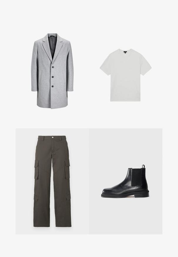 Svetlo šedý vlnený kabát s výstrihom do V, tromi čiernymi gombíkmi a dvoma bočnými vreckami. Má elegantnú, strihovú siluetu.; Biela bavlnená tričko s okrúhlym výstrihom, krátkymi rukávmi a voľným strihom. Hladká textura, žiadne vzory ani ozdoby.; Tmavohnedé cargo nohavice s rovnými nohavicami, so zapínaním na gombík a štyrmi vreckami s chlopňou, dvoma na stehnách a dvoma blízko lýtok.; Čierne kožené Chelsea čižmy s elastickým bočným panelom, okrúhlou špičkou, pútkom na päte a nízkou stohovanou podrážkou na jednoduchom pozadí.