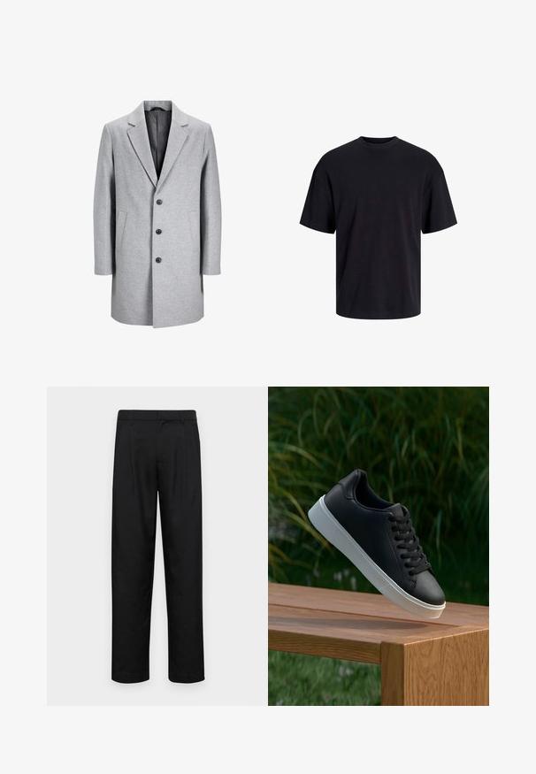 Manteau en laine gris clair avec un col cranté, trois boutons noirs et deux poches latérales. Présente une silhouette épurée et ajustée.; T-shirt en coton noir avec un col ras du cou, des manches courtes et une coupe décontractée. Texture lisse sans motifs ni accents visibles.; Pantalons noirs en tissu lisse, avec une coupe droite, deux plis avant et une taille standard avec passants de ceinture.; Baskets en cuir noir avec une texture lisse, semelle en caoutchouc blanc, et six œillets pour les lacets, disposées sur une surface en bois.