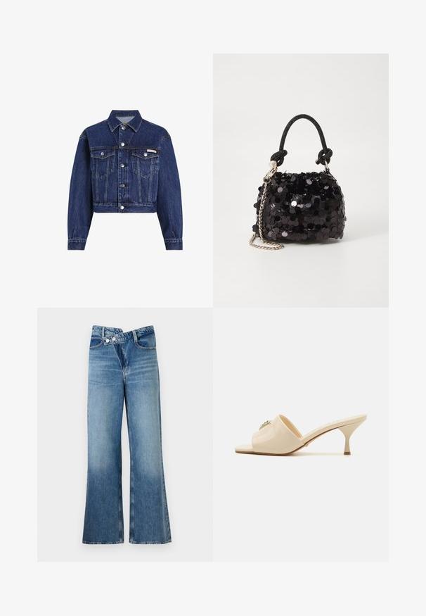 Temno modra skrajšana jeans jakna z gumbi, žepoma na prsih, dolgimi rokavi ter majhno oznako Calvin Klein na levem žepu.; Črn bodi z dolgimi rokavi in krožnim izrezom, okrašen z "GUESS" iz rhinestones in "EST.1981" v beli barvi, izdelan iz elastičnega materiala.; Svijetloplave traperice s flared krojem i visokim strukom, koje se zatvaraju s dva gumba i imaju prednje džepove. Tkanina ima izblijedjeli izgled s suptilnim varijacijama.; Bež sandal z odprtim prstom iz lakirane usnjene površine z nizko stiletto peto. Ima osrednji dekorativni akcent na zgornjem delu. Gladka, sijajna površina.; Črna mini torbica s palčkami iz bleščic, z vozlanim teksturiranim trakom in srebrnima verigama. Okrogla oblika z nabranim vrhom in odsevnimi detajli.