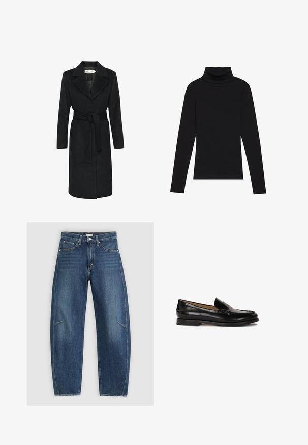 Cappotto di lana nera con vita cinturata, colletto a revers e maniche lunghe. Texture liscia e design a taglio dritto. Stile minimalista.; Maglione a collo alto nero a maniche lunghe, realizzato in tessuto a coste, presenta un design aderente con un collo alto e senza motivi o dettagli.; Jeans in denim blu scuro con design a gamba dritta, caratterizzati da tasche anteriori, cuciture a contrasto e una leggera texture sbiadita lungo le gambe.; Mocassino in pelle nera con punta arrotondata, design slip-on e dettagli di cucitura discreti lungo la parte superiore. Suola piatta in gomma.