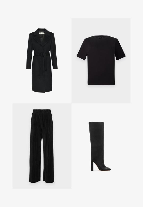 Abrigo de lana negro con cintura ceñida por un cinturón, cuello con muescas y mangas largas. Textura suave y diseño recto. Estilo minimalista.; Camiseta negra de manga corta con cuello redondo, fabricada en suave algodón. Diseño simple, sin logos ni patrones visibles.; Pantalones negros de pliegues con una cintura elástica. Presentan piernas anchas y una tela suave y texturada con rayas verticales.; Bota negra de cuero hasta la rodilla con puntera afilada y tacón alto grueso. Textura suave y diseño minimalista con una silueta elegante.