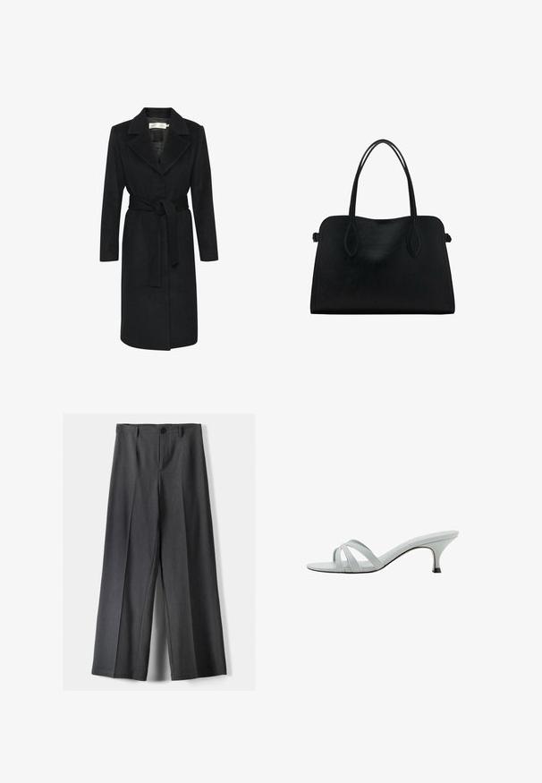 Črn volnen plašč z pasom, izrezanim ovratnikom in dolgimi rokavi. Gladka tekstura in ravno krojena zasnova. Minimalističen slog.; Svetlo bež dolg rokav majica iz mehkega materiala, z okroglim izrezom in sproščenim krojem, ravnim robom ter minimalnimi šivi.; Hlače širokega kroja v temno sivi tkanini, z gumbnim zapenjanjem, sprednjimi naborki in zankami za pas. Gladka tekstura s prilagojenim dizajnom.; Svetlo sivi sandali s petom s tremi ukriženim trakama, vitkim oblikom i suženom petom. Glatka tekstura s lagano sjajnim završetkom.; Črna usnjena torbica z dvema naramnima trakoma, pravokotne oblike in minimalističnim dizajnom na beli podlagi.