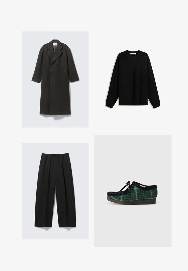 Dunkelgrauer Wollmantel mit doppelter Knopfleiste, Reverskragen und seitlichen Taschen. Verfügt über eine strukturierte Oberfläche und ist knielang.; Schwarzer, gestrickter Pullover mit rundem Ausschnitt, überschnittenen Schultern und gerippten Bündchen und Saum. Besitzt einen strukturierten Stoff für zusätzliche Wärme.; Schwarze weit geschnittene Hose aus leichtem Stoff, mit einem elastischen Bund und Kordelzug sowie ohne sichtbare Taschen.; Grüne und schwarze gemusterte Schuhe mit einem Obermaterial aus Wildleder, runder Zehenform, Schnürsenkeln und einer strukturierten Gummisohle.