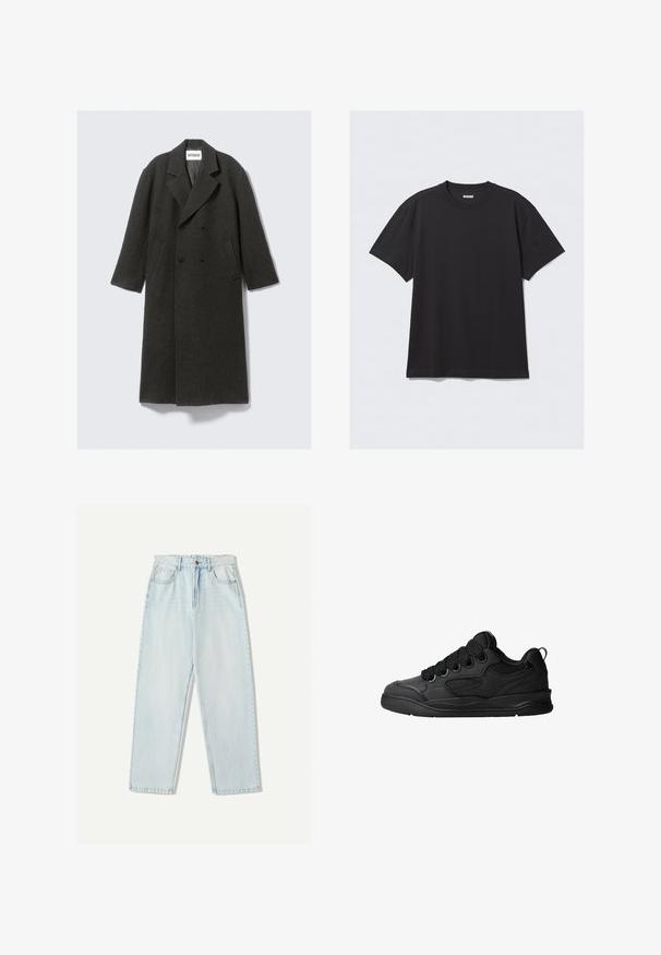 Cappotto in lana grigio scuro con design doppiopetto, rever a punta e tasche laterali. Presenta una superficie texture e una lunghezza fino al ginocchio.; T-shirt nero a maniche corte in cotone. Presenta un collo a giro e una vestibilità comoda. Design semplice senza motivi o dettagli visibili.; Jeans in denim azzurro chiaro con una vestibilità comoda, design a gamba dritta, stile a cinque tasche e leggere sfumature sul tessuto.; Sneakers neri con una tomaia testurizzata, dotati di lacci, accenti in mesh per la traspirabilità, colletto imbottito e suola robusta.