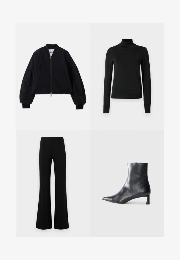 Black cropped bomber jacket with a zipper closure, long puffed sleeves, and side pockets. Made from textured fabric with ribbed cuffs.; Black long-sleeve turtleneck sweater with ribbed cuffs and hem, displayed on a plain white background.; Black flared pants with a high waist, made of stretchy fabric. Features vertical seam details on the front and a smooth texture.; Black leather ankle boot with a pointed toe and a sleek design. Features a low heel and a zipper closure at the back. Smooth texture.